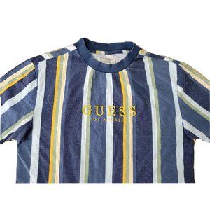 Vintage 90s GUESS Vertical Stripe Rap T Shirt Men's XS Adult Embroidered *Hole